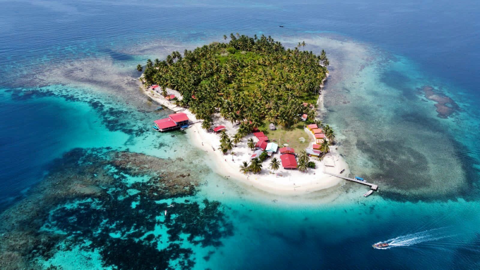 Aerial view of an island with palms, cabins and a sandy shore