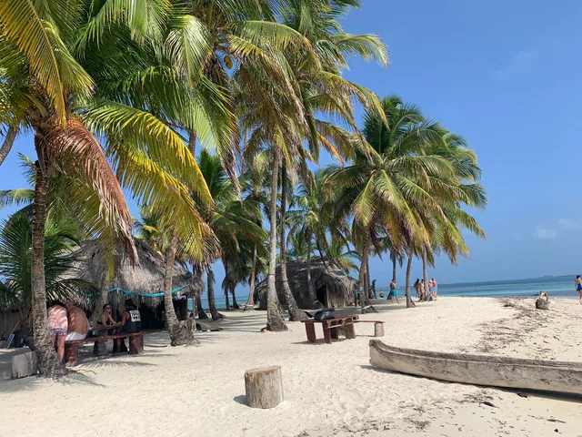 Coconut palms and thatched shelters beside a sandy beach, with a wooden canoe near turquoise water in San Blas, Panama.